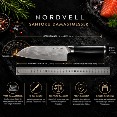 NORDVELL Santoku – VG10 Damastmesser 18 cm