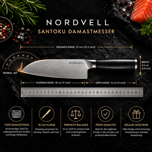 NORDVELL Santoku – VG10 Damastmesser 18 cm
