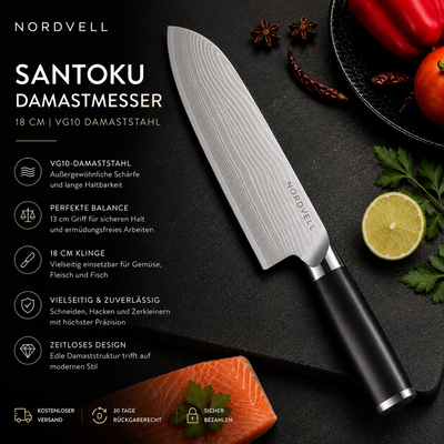 NORDVELL Santoku – VG10 Damastmesser 18 cm