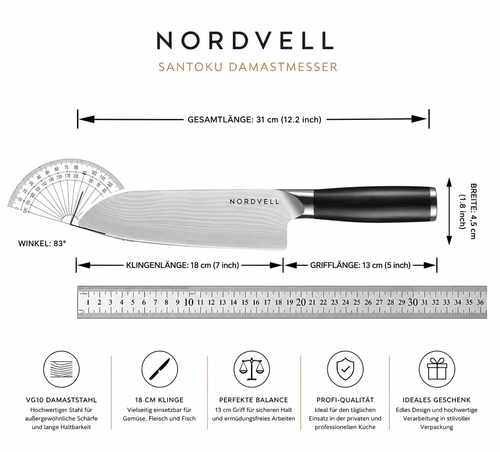 NORDVELL Santoku – VG10 Damastmesser 18 cm