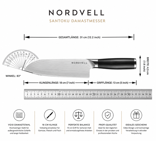 NORDVELL Santoku – VG10 Damastmesser 18 cm